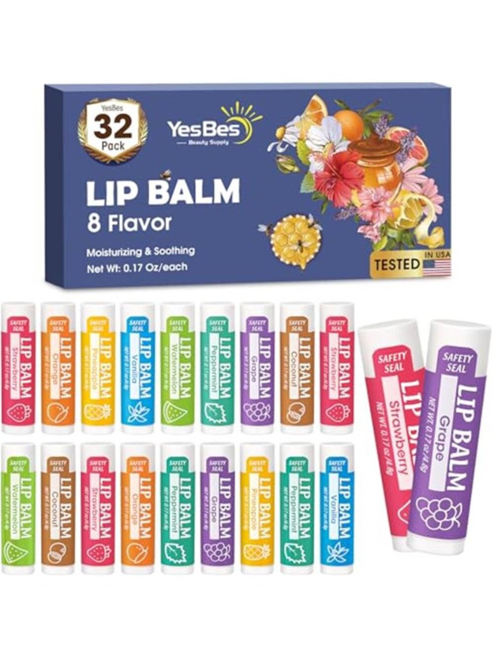 32 Pack Lip Balm, Natural Lip Balm Bulk with Vitamin E and Coconut Oil,